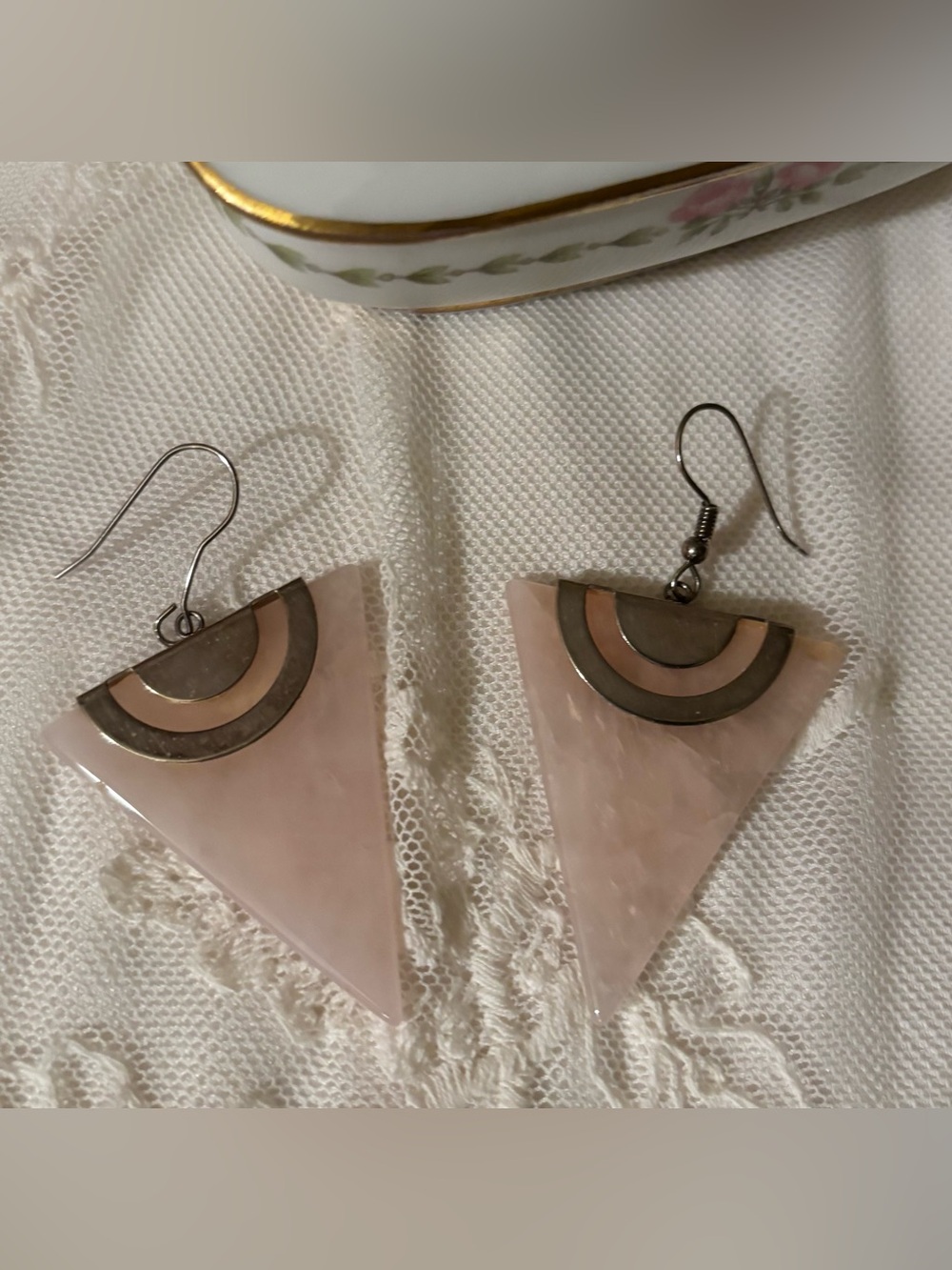 Rose Quartz Triangle Drop Earrings - Vintage Art Deco Silver Tone Metal